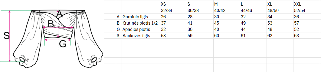Daydream palaidinės dydžių išmatavimai