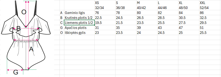 Lullaby kombinezono išmatavimai