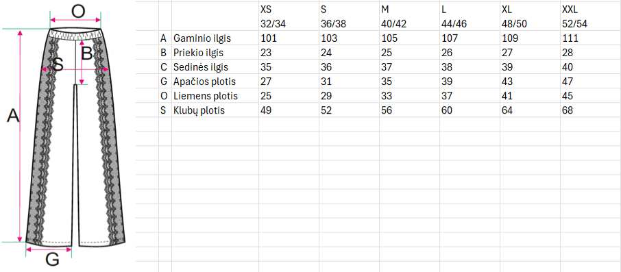 Shadow line kelnių išmatavimai